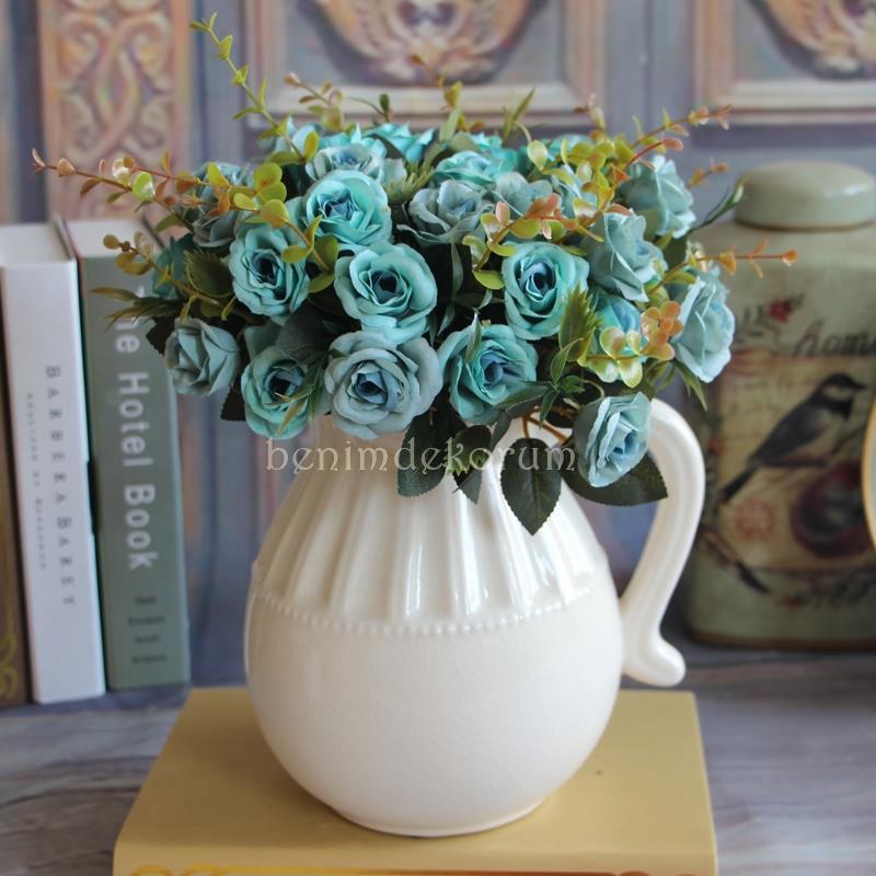 Yapay Çiçek Gül Yaban Gülü Demeti MAVİ 10 Kafa