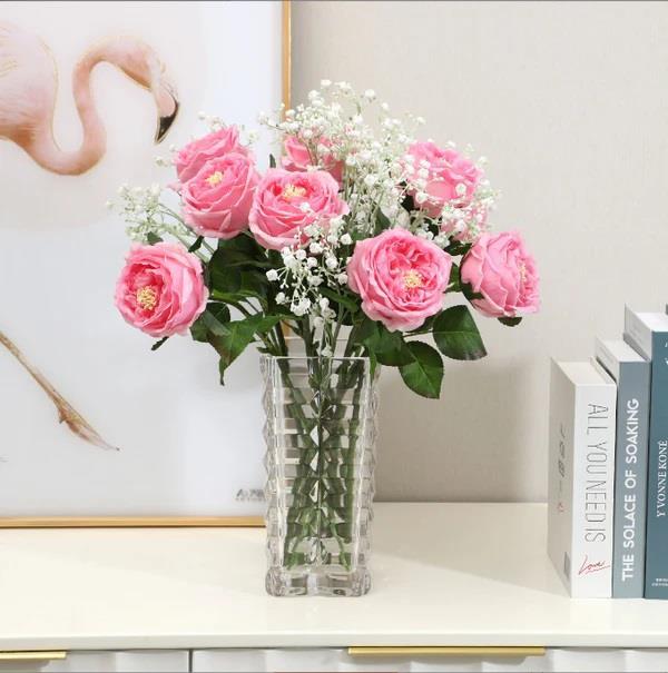 Yapay Çiçek Islak Gül Şakayık Katmerli Gül PEMBE Renk Gerçeksi Dokunuş 45Cm