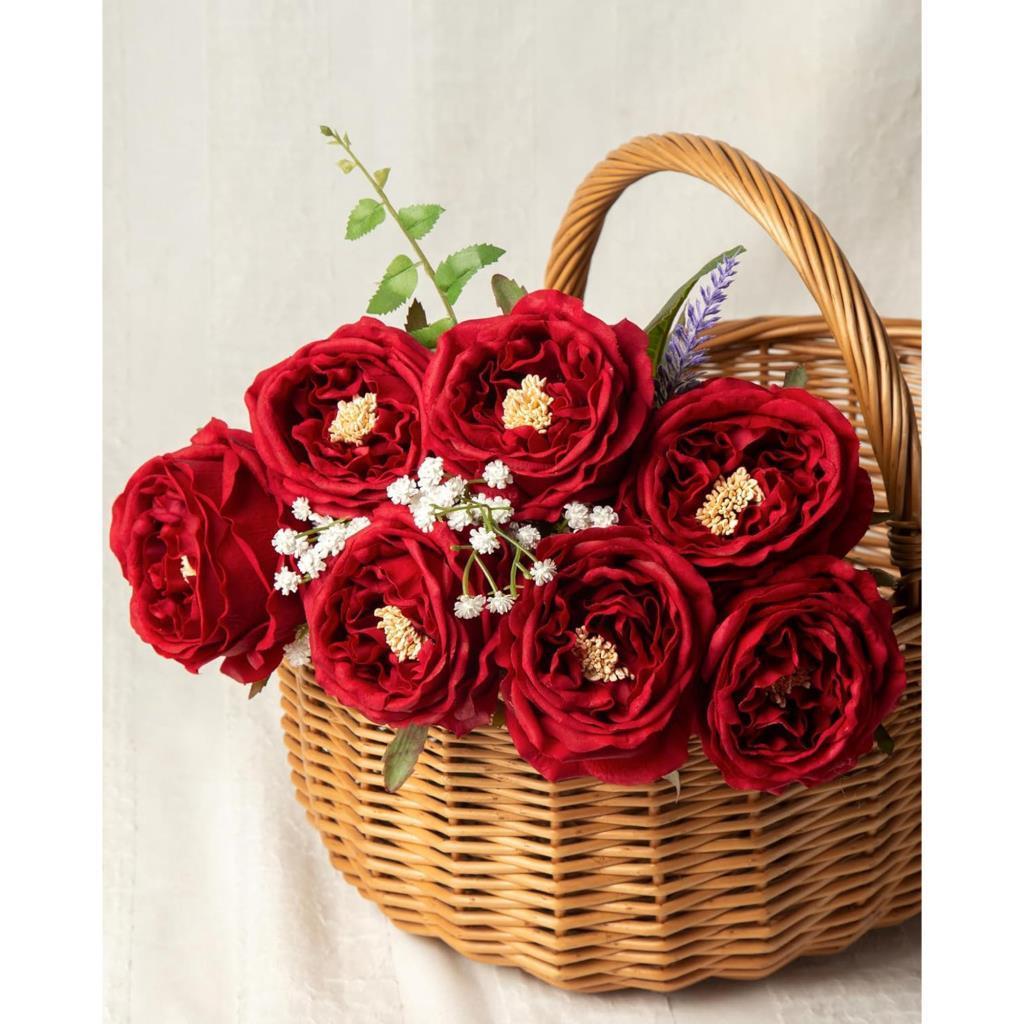 Yapay Çiçek Islak Gül Şakayık Katmerli Gül BORDO Renk Gerçeksi Dokunuş 45Cm