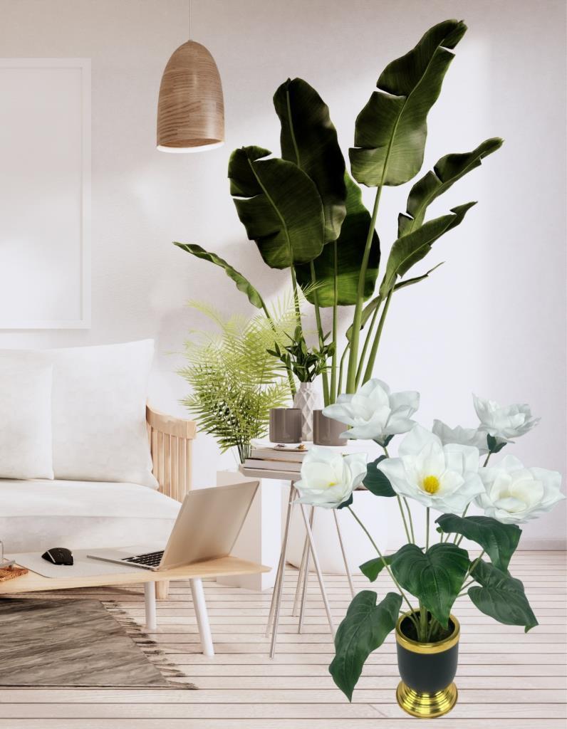 Yapay Çiçek Islak Manolya Çiçeği 6 Çiçekli 65cm Gold Siyah Darbuka Galvaniz Vazoda Salon Çiçeği