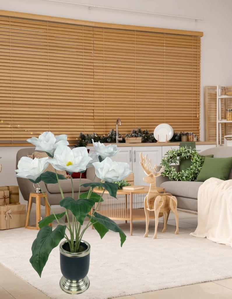 Yapay Çiçek Islak Manolya Çiçeği 6 Çiçekli 65cm Gümüş Siyah Darbuka Galvaniz Vazoda Salon Çiçeği