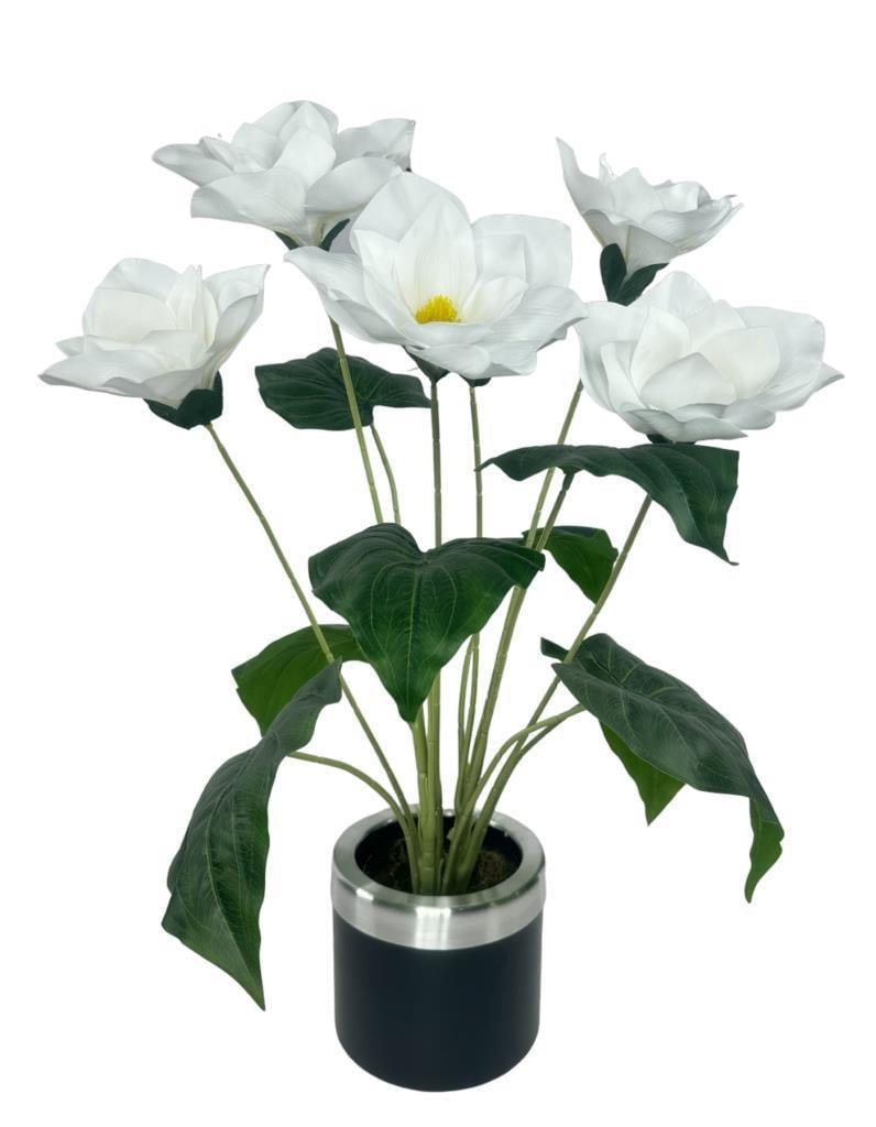 Yapay Çiçek Islak Manolya Çiçeği 6 Çiçekli 65cm Gümüş Halkalı Galvaniz Vazoda Salon Çiçeği