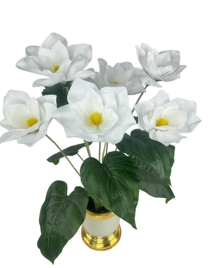 Yapay Çiçek Islak Manolya Çiçeği 6 Çiçekli 65cm Gold Krem Darbuka Galvaniz Vazoda Salon Çiçeği