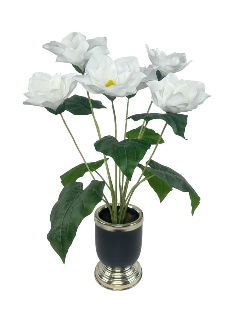 Yapay Çiçek Islak Manolya Çiçeği 6 Çiçekli 65cm Gümüş Siyah Darbuka Galvaniz Vazoda Salon Çiçeği