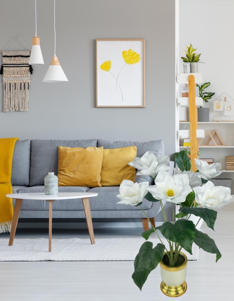 Yapay Çiçek Islak Manolya Çiçeği 6 Çiçekli 65cm Gold Krem Darbuka Galvaniz Vazoda Salon Çiçeği