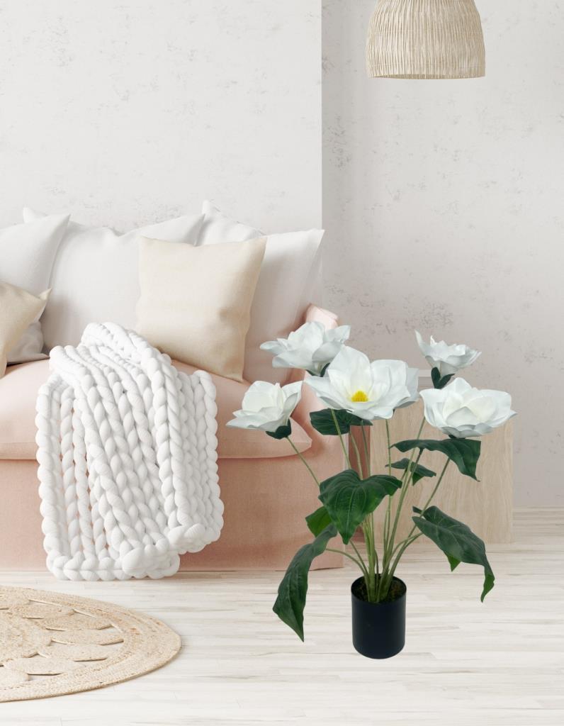 Yapay Çiçek Islak Manolya Çiçeği 6 Çiçekli 65cm Siyah Saksıda  Salon Çiçeği