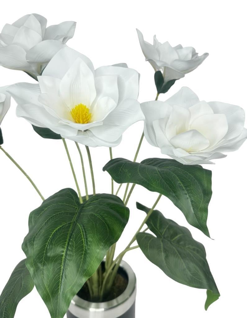 Yapay Çiçek Islak Manolya Çiçeği 6 Çiçekli 65cm Gümüş Halkalı Galvaniz Vazoda Salon Çiçeği