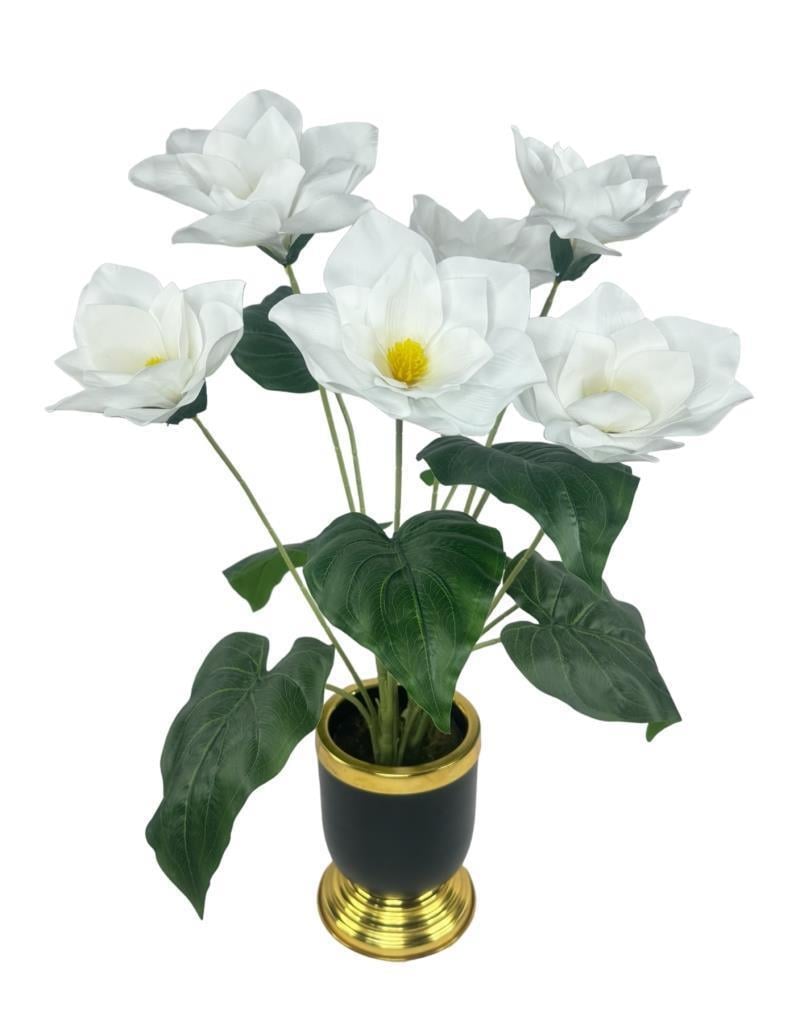 Yapay Çiçek Islak Manolya Çiçeği 6 Çiçekli 65cm Gold Siyah Darbuka Galvaniz Vazoda Salon Çiçeği