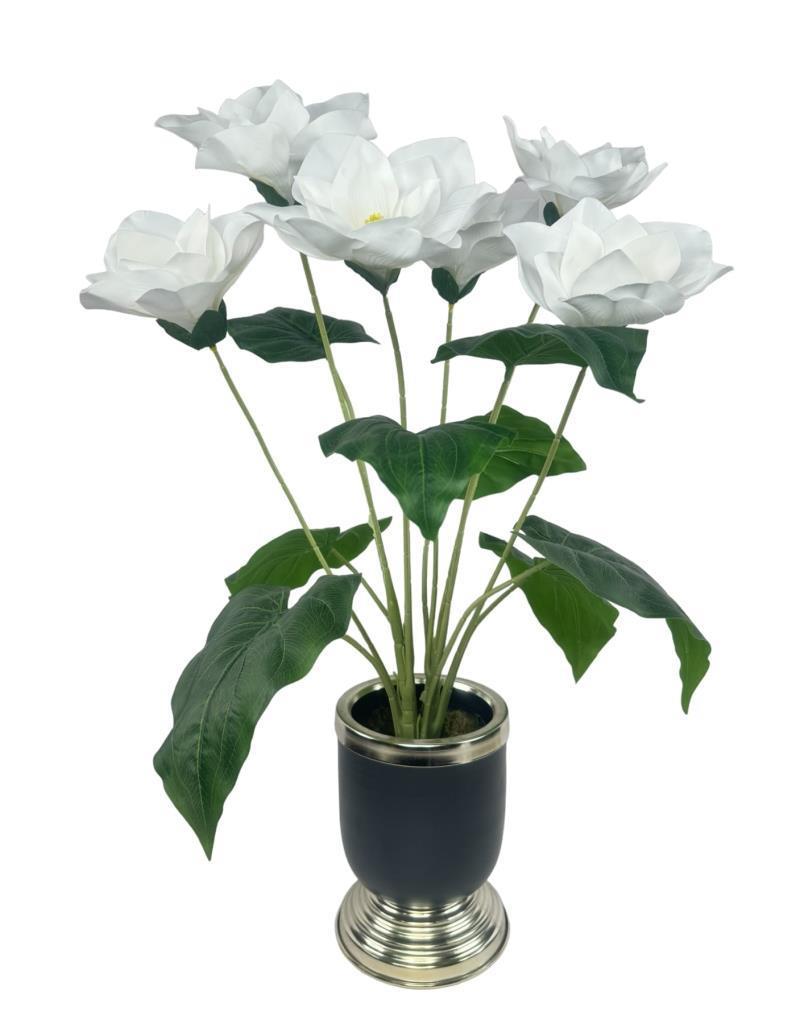 Yapay Çiçek Islak Manolya Çiçeği 6 Çiçekli 65cm Gümüş Siyah Darbuka Galvaniz Vazoda Salon Çiçeği