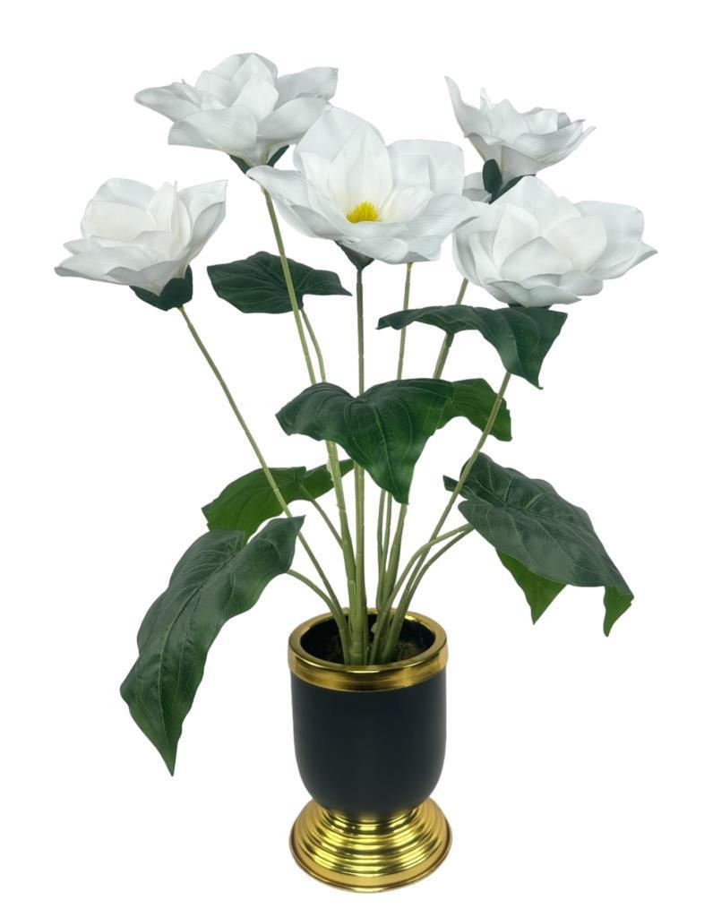 Yapay Çiçek Islak Manolya Çiçeği 6 Çiçekli 65cm Gold Siyah Darbuka Galvaniz Vazoda Salon Çiçeği