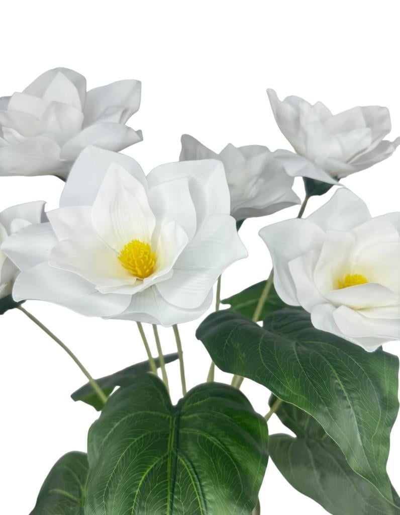 Yapay Çiçek Islak Manolya Çiçeği 6 Çiçekli 65cm Gümüş Siyah Darbuka Galvaniz Vazoda Salon Çiçeği