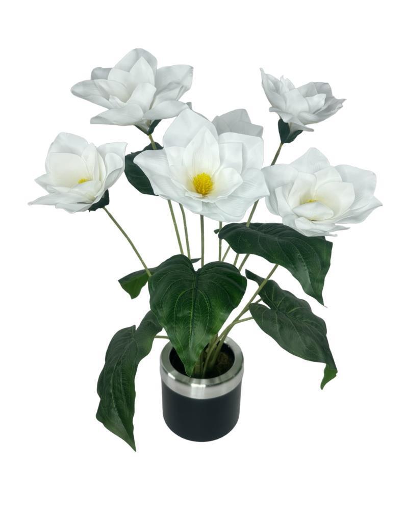 Yapay Çiçek Islak Manolya Çiçeği 6 Çiçekli 65cm Gümüş Halkalı Galvaniz Vazoda Salon Çiçeği