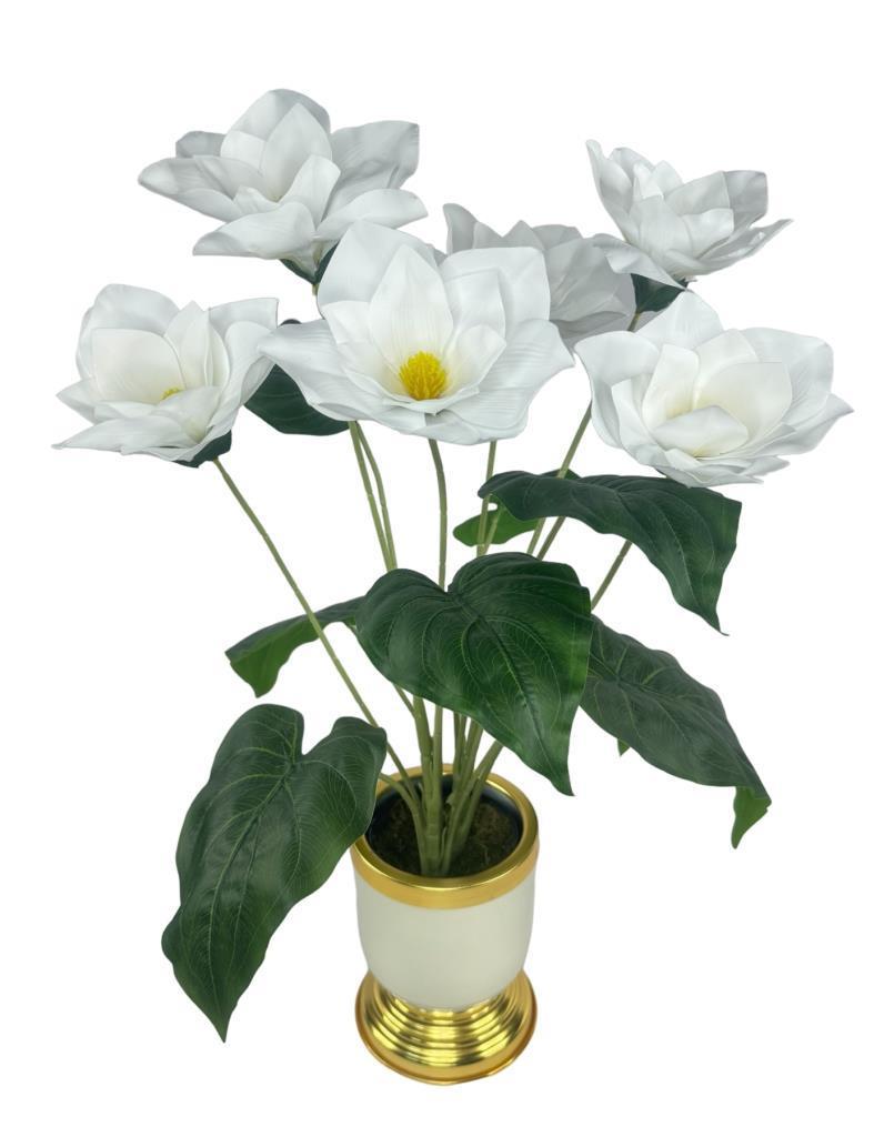 Yapay Çiçek Islak Manolya Çiçeği 6 Çiçekli 65cm Gold Krem Darbuka Galvaniz Vazoda Salon Çiçeği