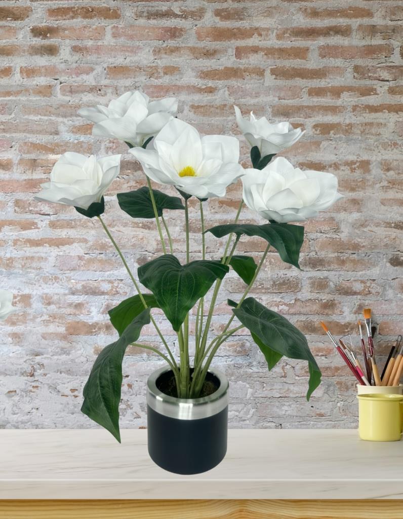 Yapay Çiçek Islak Manolya Çiçeği 6 Çiçekli 65cm Gümüş Halkalı Galvaniz Vazoda Salon Çiçeği