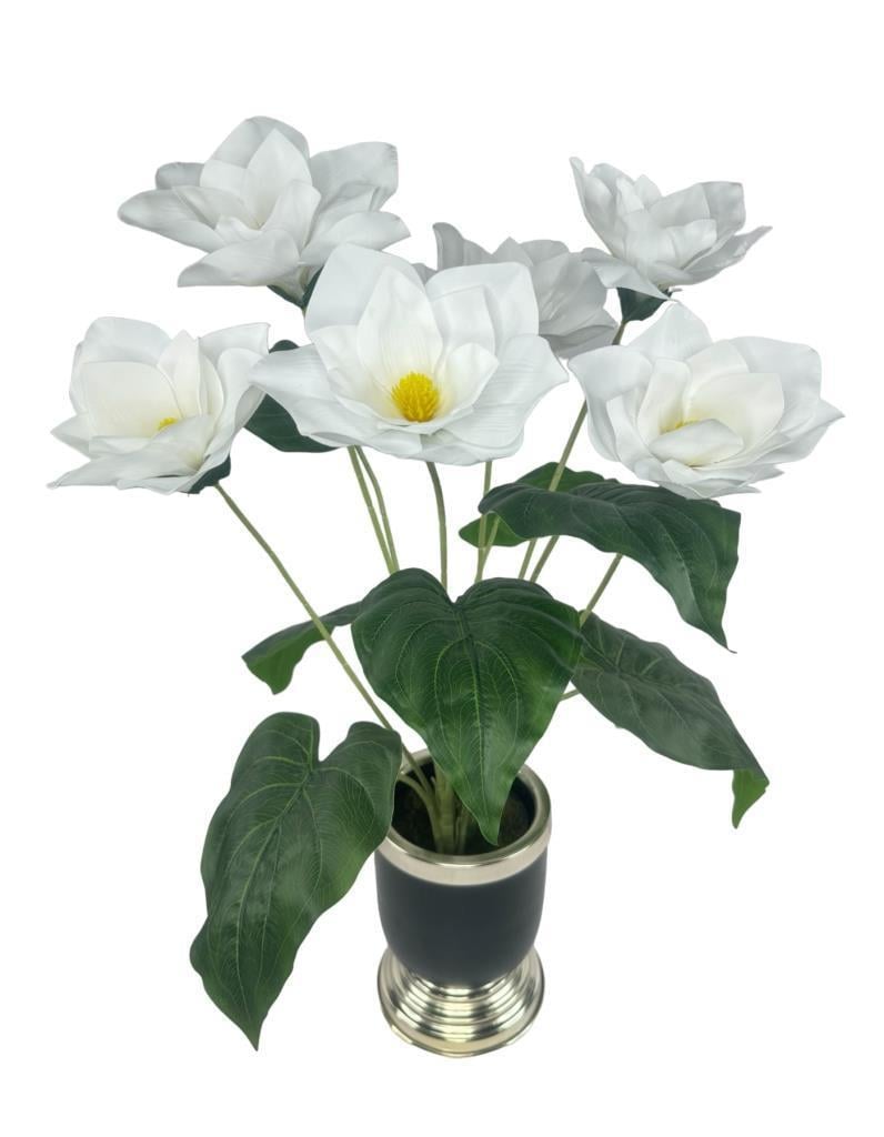 Yapay Çiçek Islak Manolya Çiçeği 6 Çiçekli 65cm Gümüş Siyah Darbuka Galvaniz Vazoda Salon Çiçeği