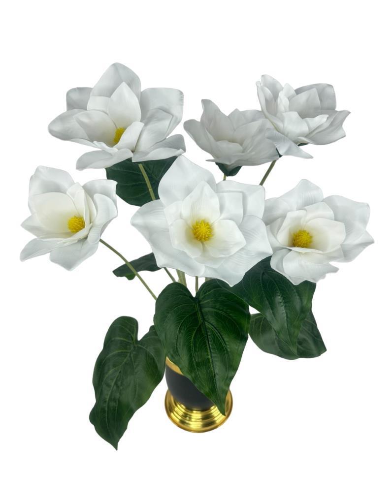 Yapay Çiçek Islak Manolya Çiçeği 6 Çiçekli 65cm Gold Siyah Darbuka Galvaniz Vazoda Salon Çiçeği