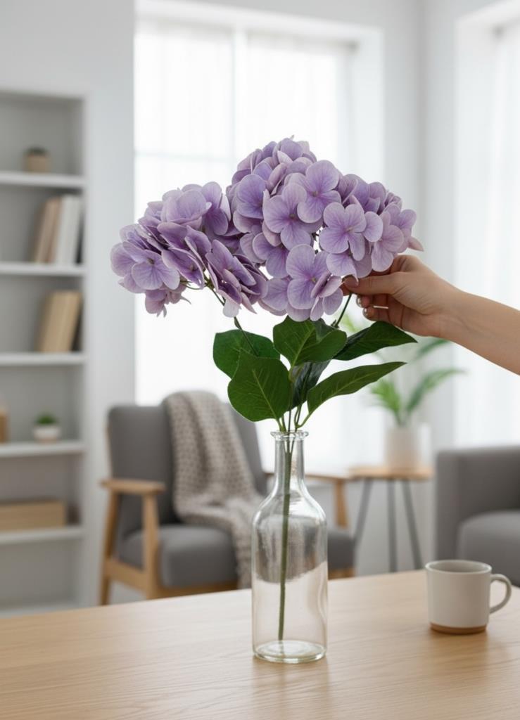 Yapay Çiçek Islak Ortanca Çiçeği Lila 45cm 5Dal Islak Gerçeksi Dokulu
