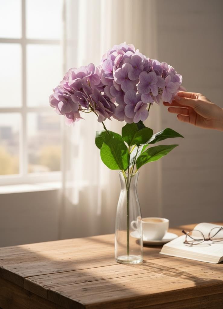 Yapay Çiçek Islak Ortanca Çiçeği Lila 45cm 5Dal Islak Gerçeksi Dokulu