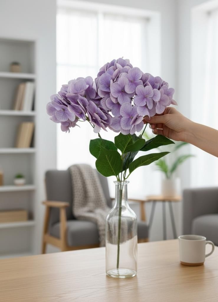 Yapay Çiçek Islak Ortanca Çiçeği Lila 45cm 5Dal Islak Gerçeksi Dokulu