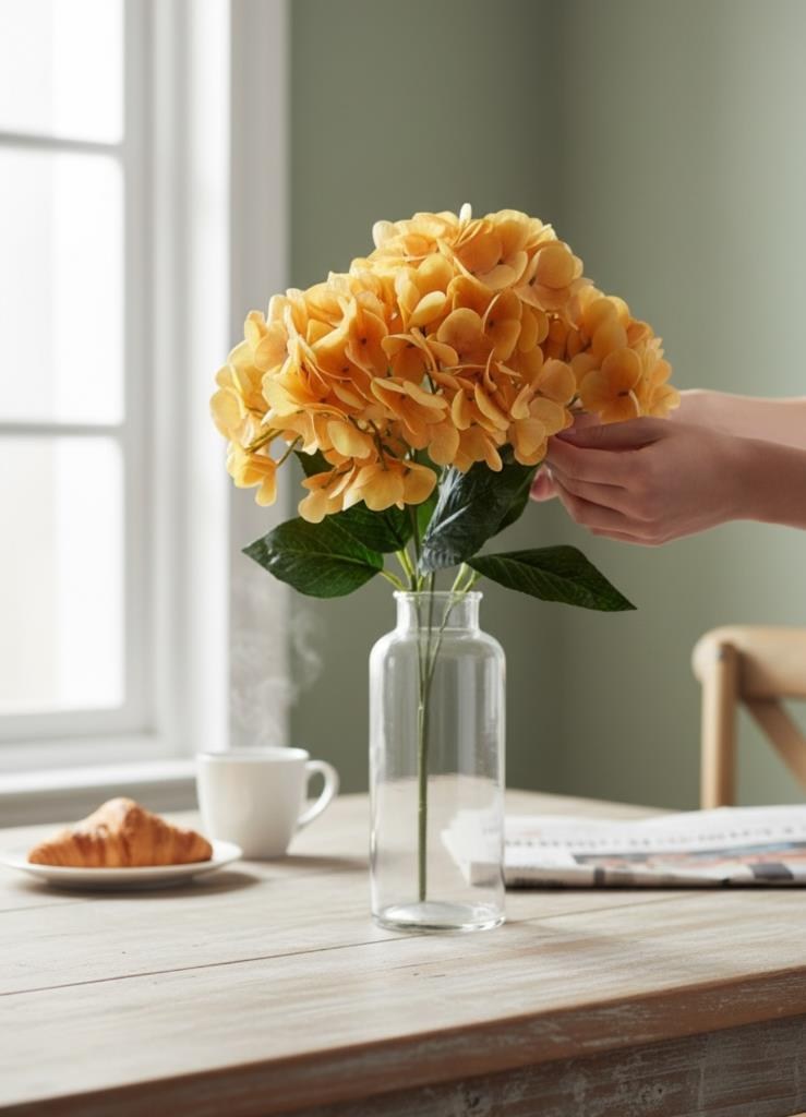 Yapay Çiçek Islak Ortanca Çiçeği Somon 45cm 5Dal Islak Gerçeksi Dokulu