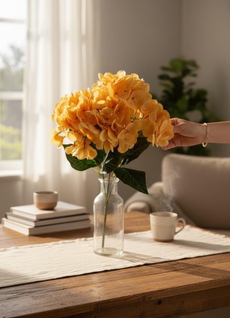 Yapay Çiçek Islak Ortanca Çiçeği Somon 45cm 5Dal Islak Gerçeksi Dokulu