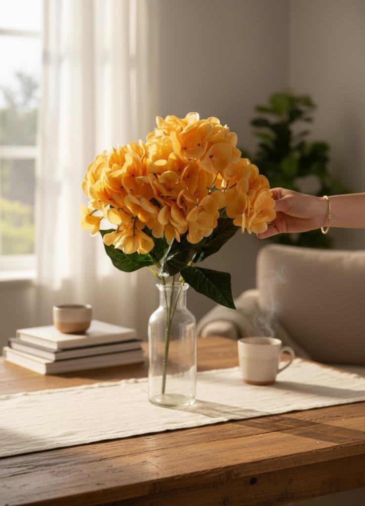 Yapay Çiçek Islak Ortanca Çiçeği Somon 45cm 5Dal Islak Gerçeksi Dokulu