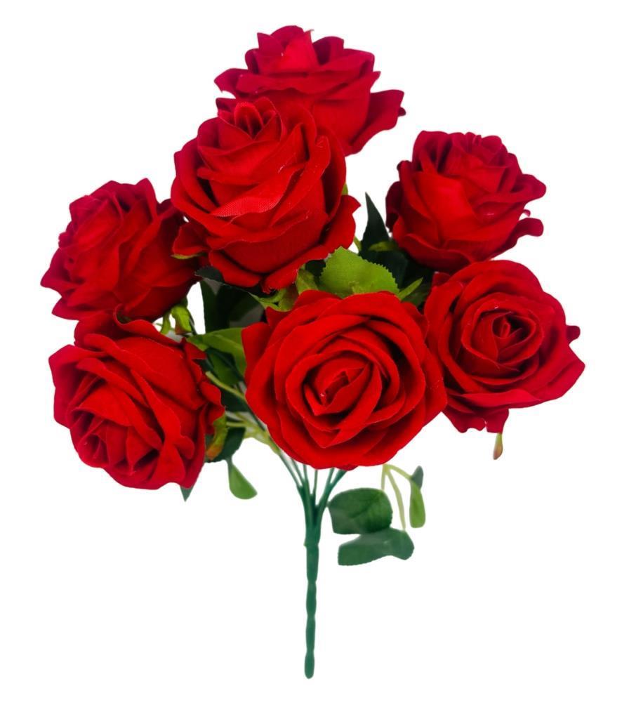 Yapay Çiçek Kadife Kırmızı Gül Demeti 7 Dallı 35*25cm 7cm Gül Büyükboy KIRMIZI