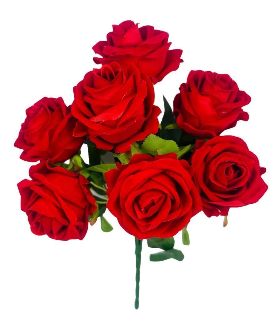 Yapay Çiçek Kadife Kırmızı Gül Demeti 7 Dallı 35*25cm 7cm Gül Büyükboy KIRMIZI