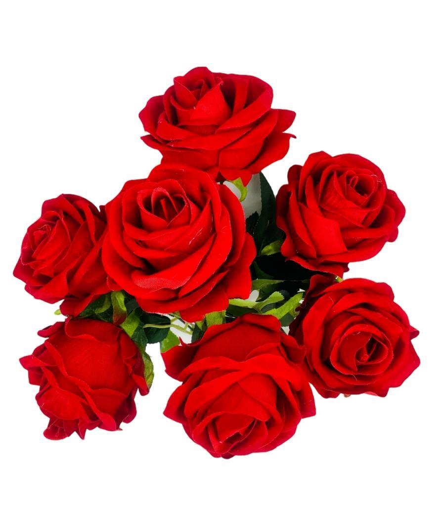 Yapay Çiçek Kadife Kırmızı Gül Demeti 7 Dallı 35*25cm 7cm Gül Büyükboy KIRMIZI