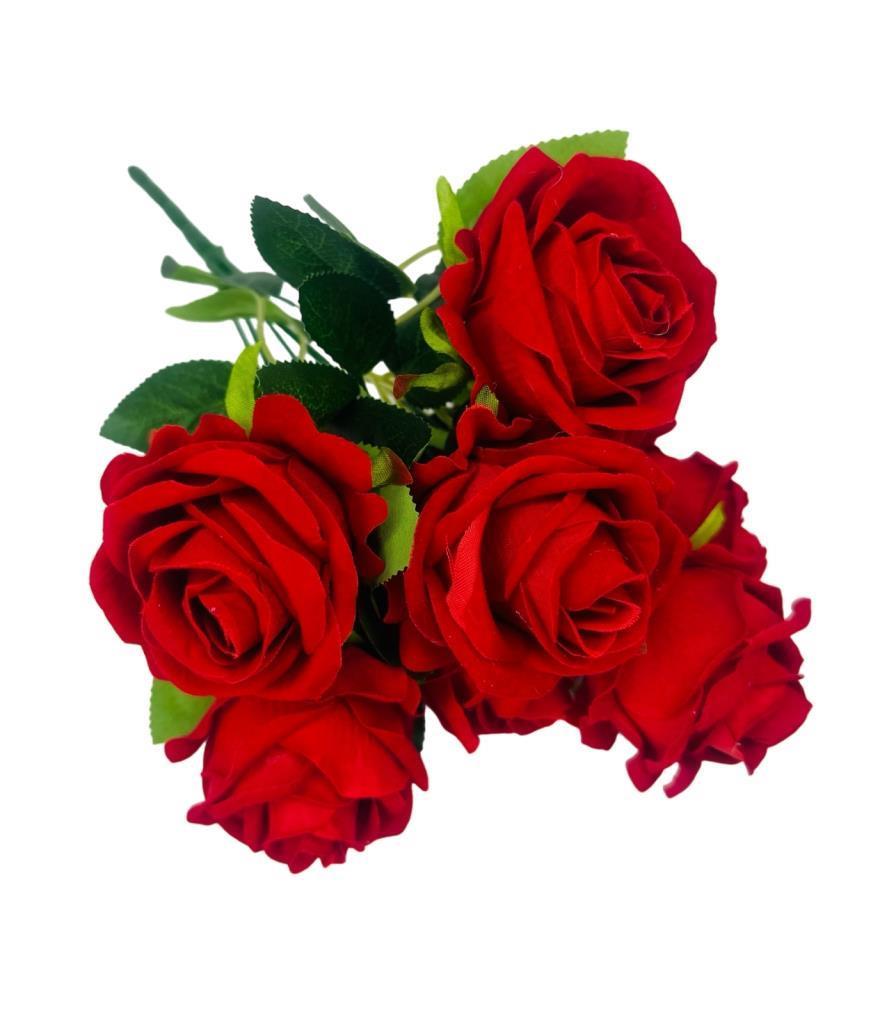 Yapay Çiçek Kadife Kırmızı Gül Demeti 7 Dallı 35*25cm 7cm Gül Büyükboy KIRMIZI