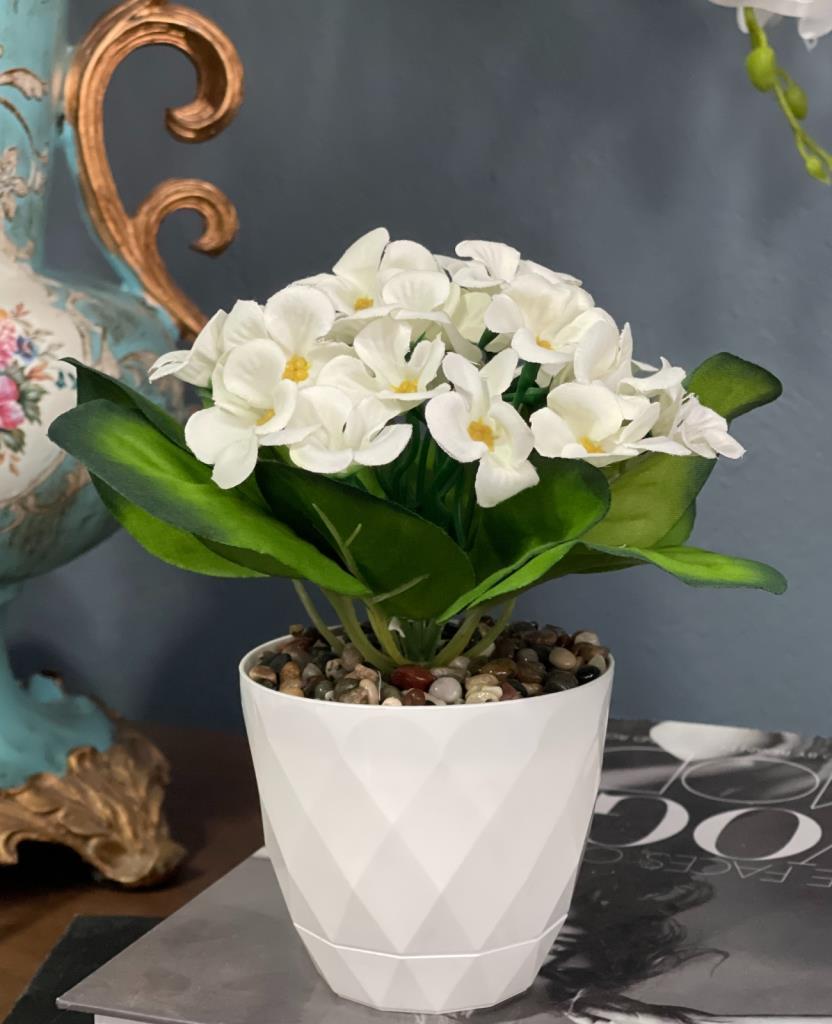 Yapay Çiçek Kadife Menekşe Gerçekçi Doku Beyaz Saksıda Çakıl Taşlı BEYAZ