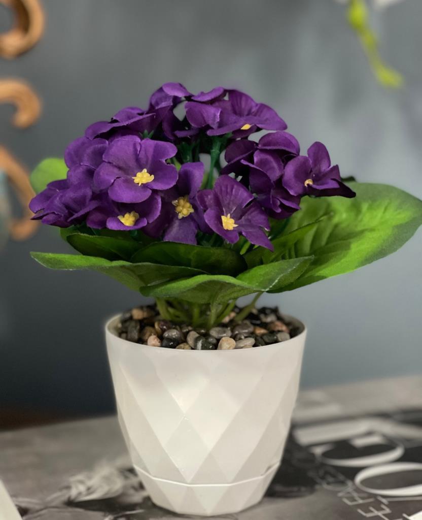 Yapay Çiçek Kadife Menekşe Gerçekçi Doku Beyaz Saksıda Çakıl Taşlı MOR