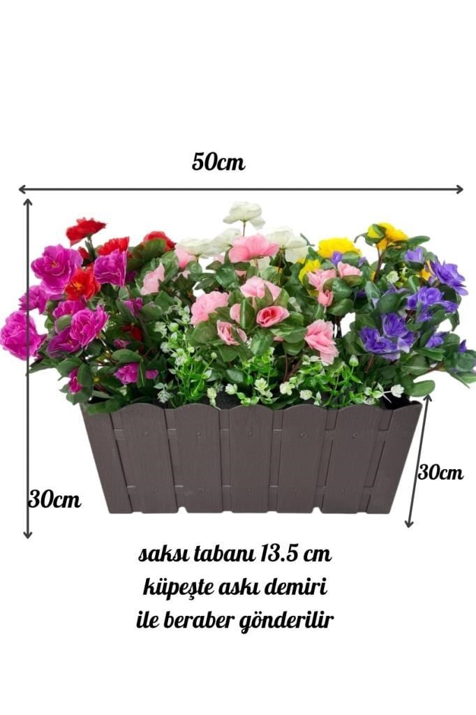 Yapay Çiçek Kahverengi Balkon Saksıda Küpeşte Askılı Açelya Çiçeği Karışık Renkli Çiçek Sepeti 50cm