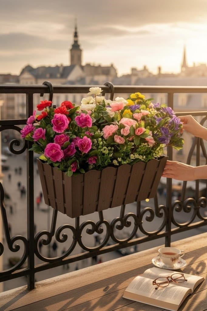 Yapay Çiçek Kahverengi Balkon Saksıda Küpeşte Askılı Açelya Çiçeği Karışık Renkli Çiçek Sepeti 50cm