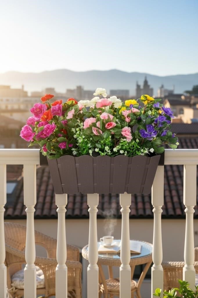 Yapay Çiçek Kahverengi Balkon Saksıda Küpeşte Askılı Açelya Çiçeği Karışık Renkli Çiçek Sepeti 50cm