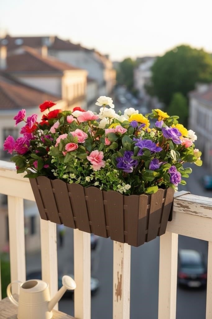 Yapay Çiçek Kahverengi Balkon Saksıda Küpeşte Askılı Açelya Çiçeği Karışık Renkli Çiçek Sepeti 50cm