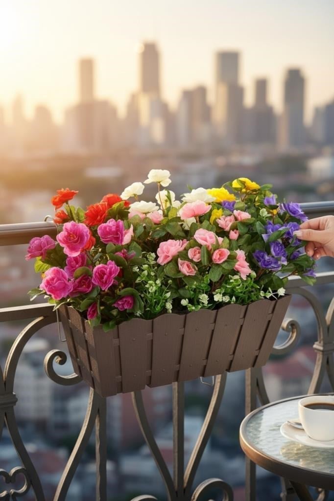 Yapay Çiçek Kahverengi Balkon Saksıda Küpeşte Askılı Açelya Çiçeği Karışık Renkli Çiçek Sepeti 50cm
