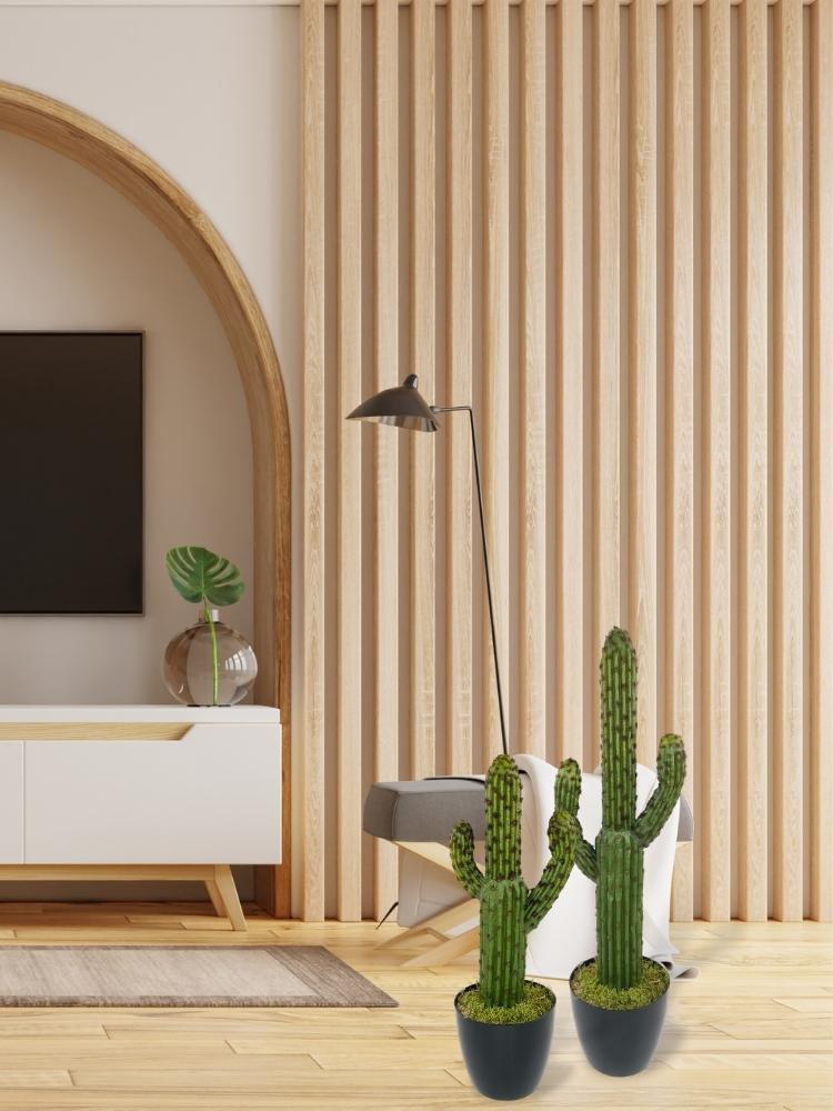 Yapay Çiçek Kaktüs Ağacı Koyuyeşil 2li Set 3Kollu Siyah Saksıda sk4022