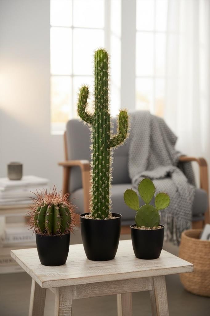 Yapay Çiçek Kaktüs Siyah Saksıda 3Kollu 90*25cm Cactüs