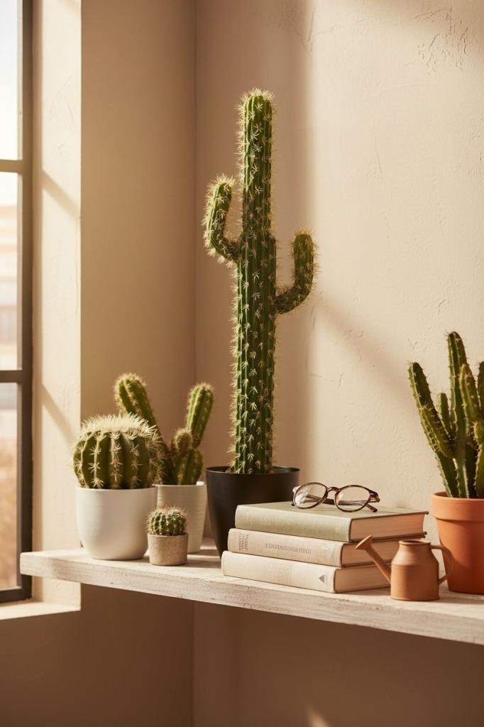 Yapay Çiçek Kaktüs Siyah Saksıda 3Kollu 90*25cm Cactüs