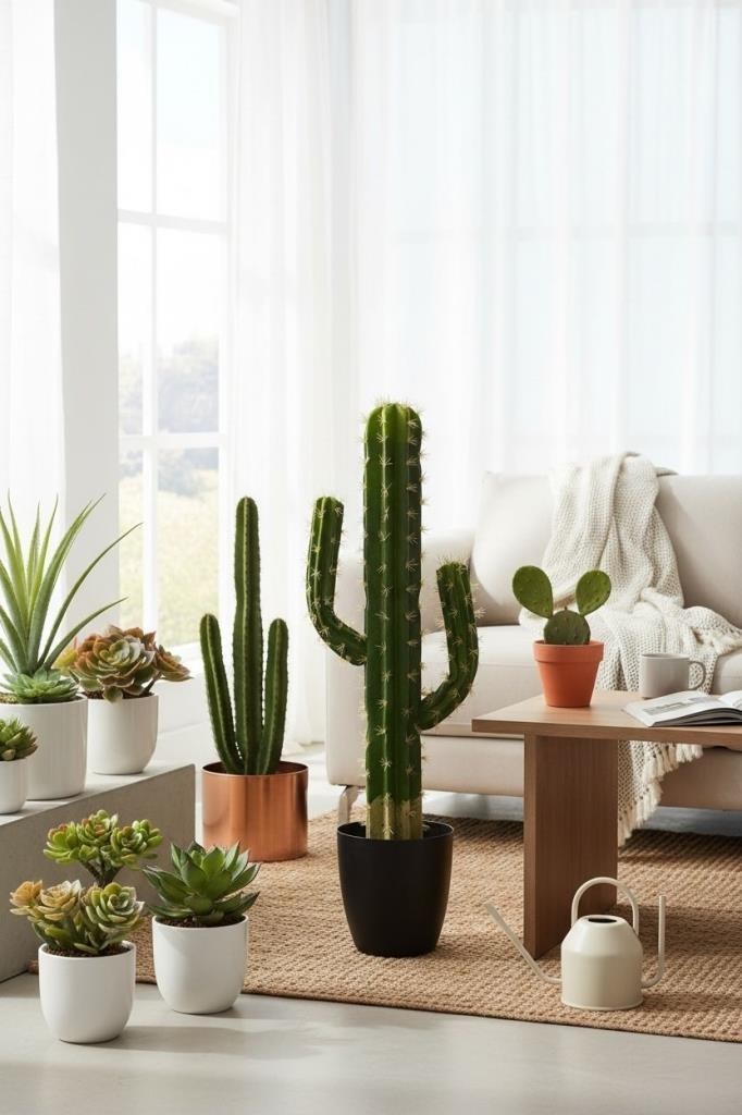 Yapay Çiçek Kaktüs Siyah Saksıda 3Kollu 87*30cm Cactüs