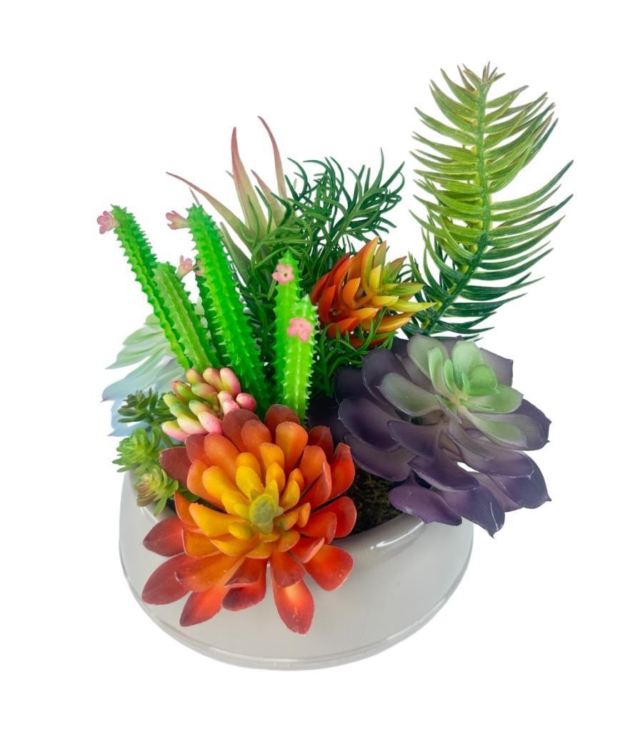 Yapay Çiçek Kaktüs Sukulent Aranjmanı Mokka Renk Plastik Saksıda 10 adet Karışık Model Skulent