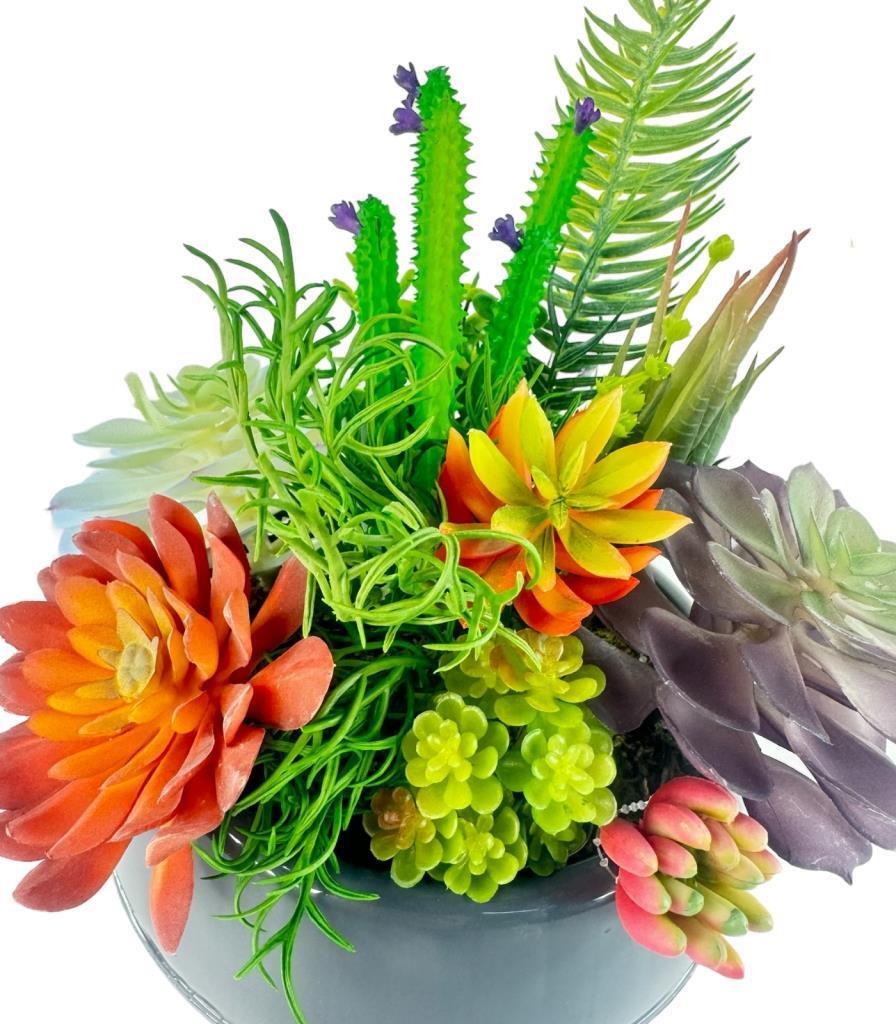 Yapay Çiçek Kaktüs Sukulent Aranjmanı Antrasit Renk Plastik Saksıda 10 adet Karışık Model Skulent