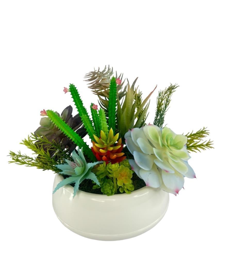 Yapay Çiçek Kaktüs Sukulent Aranjmanı Krem Renk Plastik Saksıda 10 adet Karışık Model Skulent
