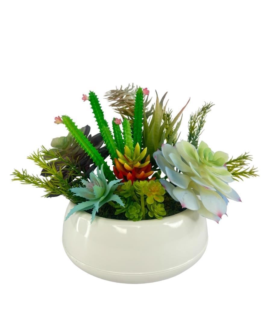 Yapay Çiçek Kaktüs Sukulent Aranjmanı Krem Renk Plastik Saksıda 10 adet Karışık Model Skulent