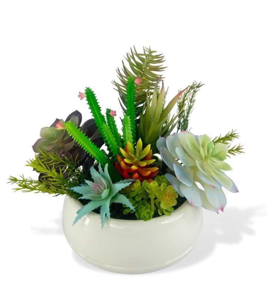 Yapay Çiçek Kaktüs Sukulent Aranjmanı Krem Renk Plastik Saksıda 10 adet Karışık Model Skulent