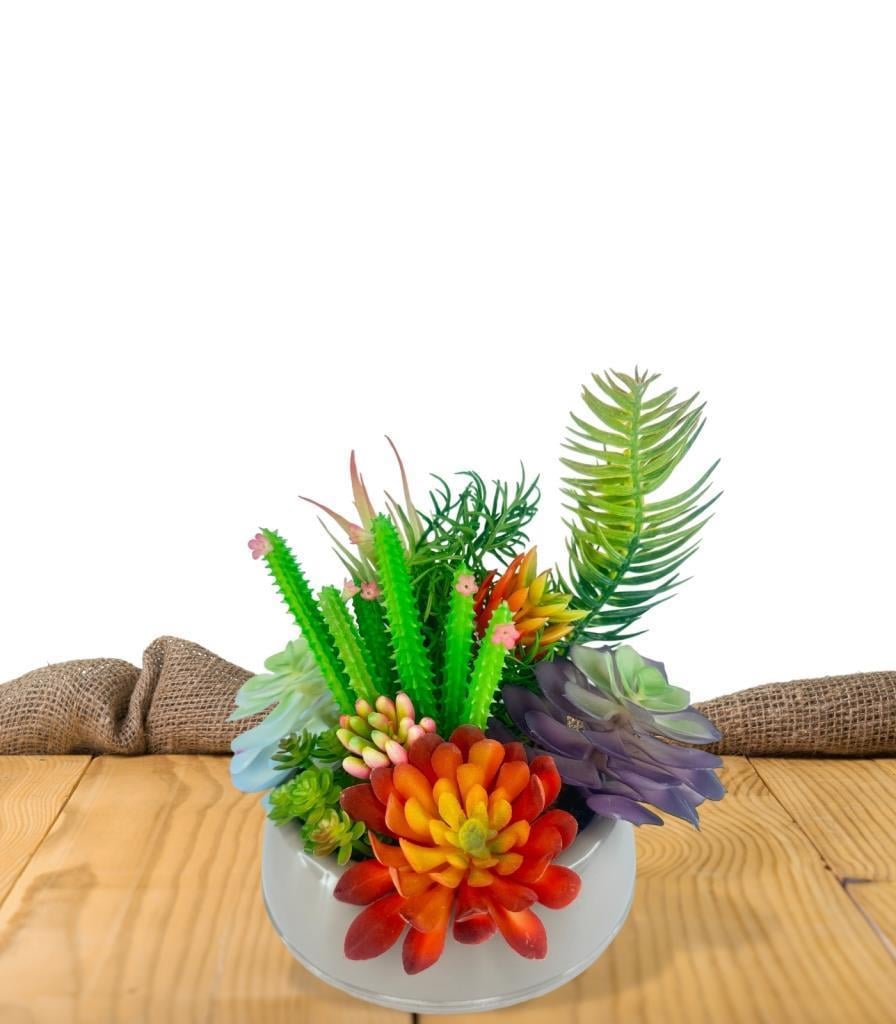 Yapay Çiçek Kaktüs Sukulent Aranjmanı Mokka Renk Plastik Saksıda 10 adet Karışık Model Skulent