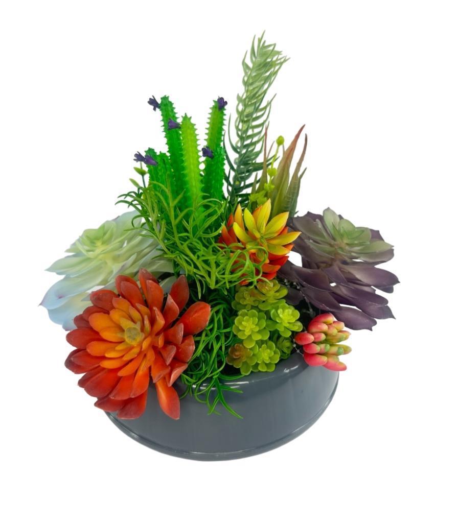 Yapay Çiçek Kaktüs Sukulent Aranjmanı Antrasit Renk Plastik Saksıda 10 adet Karışık Model Skulent