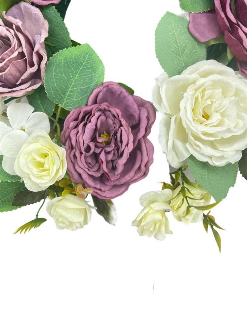 Yapay Çiçek Kapı Süsü Pastel Mor Beyaz Şakayık Güllü Yılbaşı Kapı Çelengi