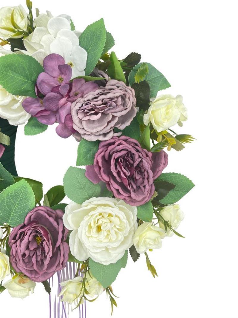 Yapay Çiçek Kapı Süsü Pastel Mor Beyaz Şakayık Güllü Yılbaşı Kapı Çelengi